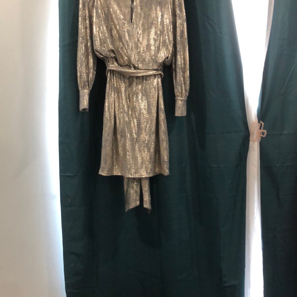 Vince Camuto Gold Pleated Wrap Dress with Bishop Sleeves